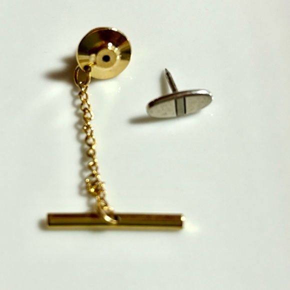 Vintage Silvertone 1/2” Oval Tie Tack with 1 1/2” Goldtone Chain and 1” Bar - Picture 1 of 3